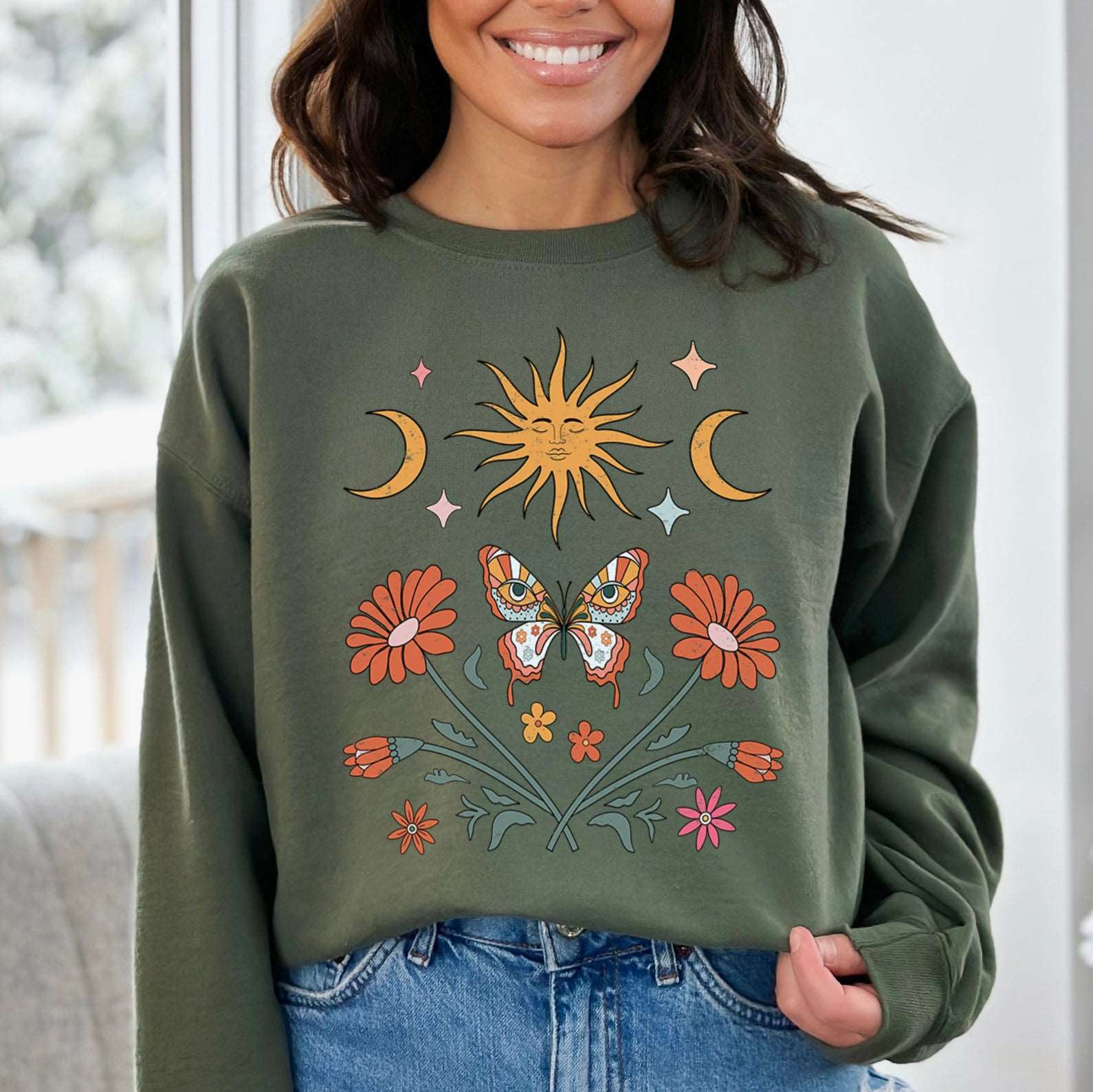 Floral Sun & Moon Butterfly Sweatshirt